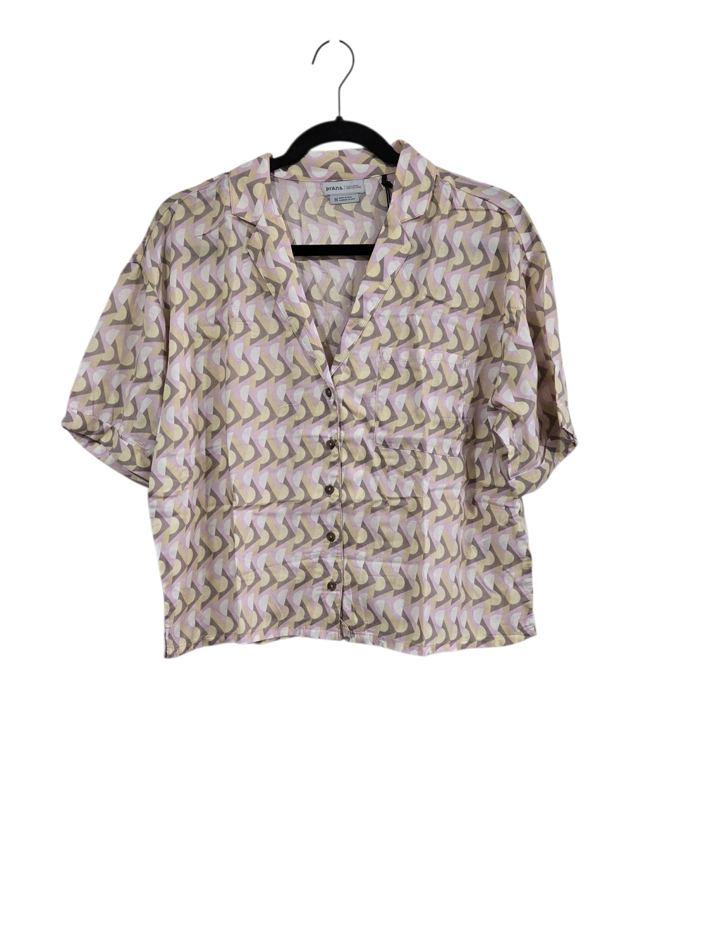 Prana Iguala Retro Geometric Short Sleeve Button Up Tencel Shirt Pink Tan M New